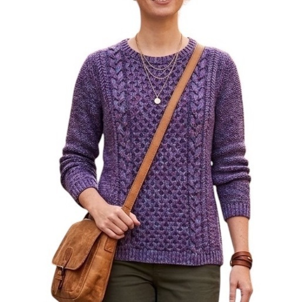 Talbots Purple Fisherman Space Dye Cable Honeycomb Knit Crewneck Sweater M